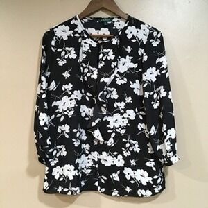 LRL Ralph Lauren Dark Floral Ruffle Blouse‎ Womens M Black White Cottage Work